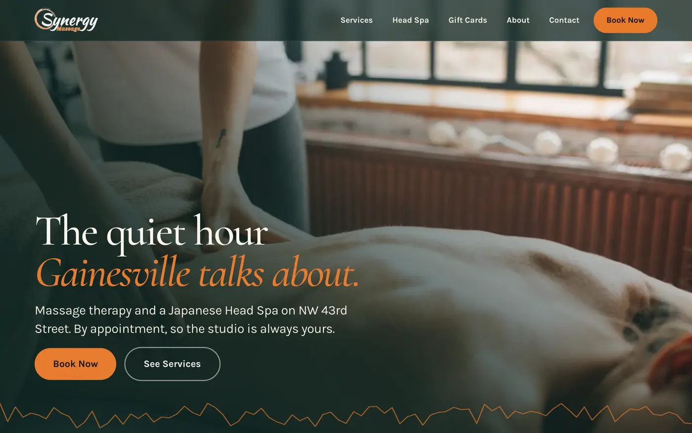 Preview of the scroll experience website: deep green background, warm photo, orange Book Now button